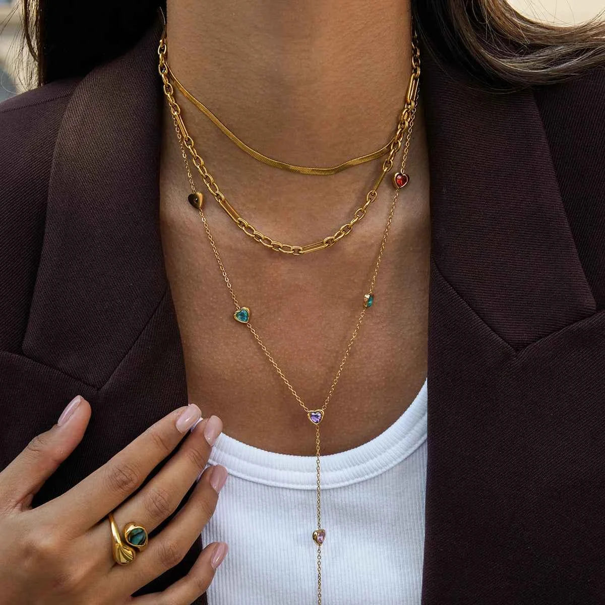 Heart Shape Colored Zircon Y-Shaped Chain Necklace Stainless Steel