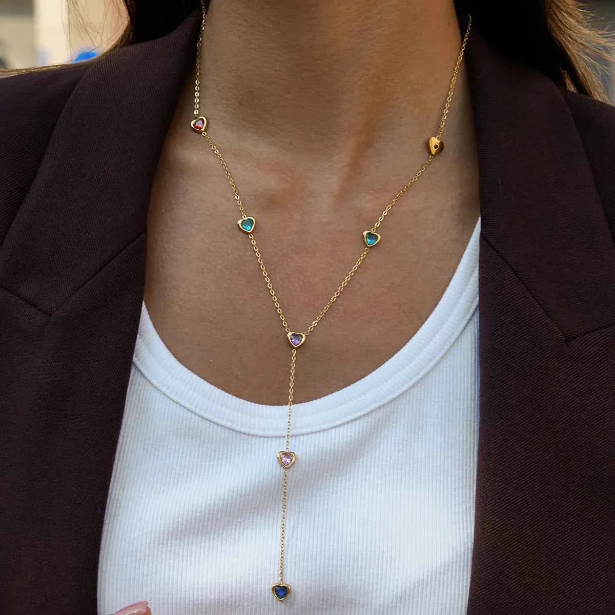 Heart Shape Colored Zircon Y-Shaped Chain Necklace Stainless Steel