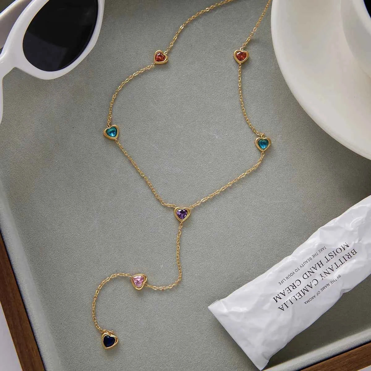 Heart Shape Colored Zircon Y-Shaped Chain Necklace Stainless Steel