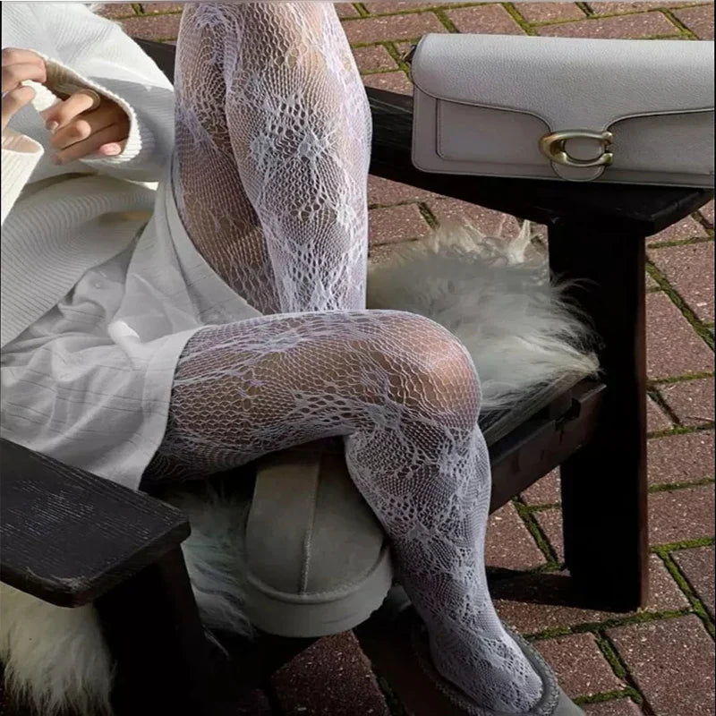 High Elastic Black Hollowed Lace Fishnet Patterned Tights for Women - black / Fit 40-70kg