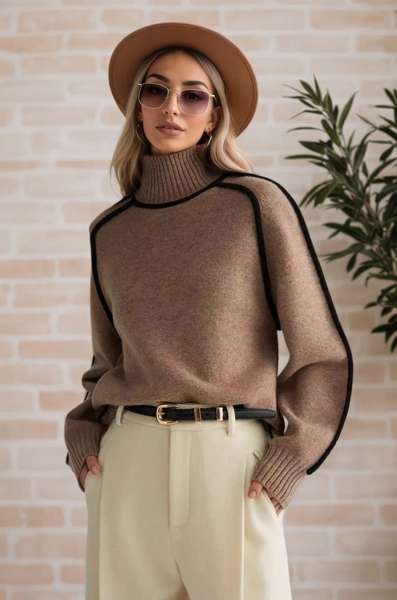 High Neck Pullover Solid Soft Long Sleeve - Chocolate Color / XL