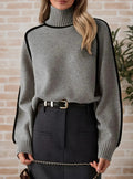 High Neck Pullover Solid Soft Long Sleeve - GRAY / M