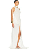 High Slit Turtleneck Women Maxi Dress White Sleeveless Waist