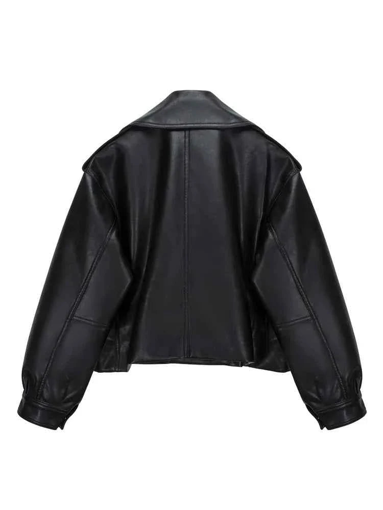 High Street Women Lapel Loose Pu Faux Leather Short Jacket