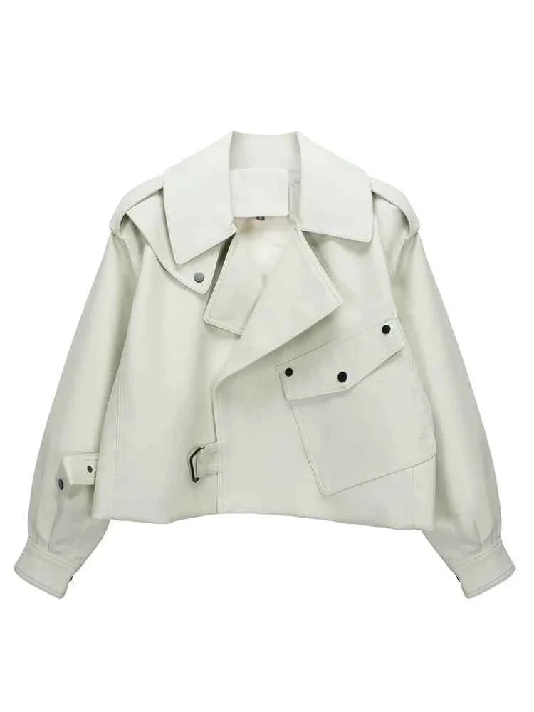 High Street Women Lapel Loose Pu Faux Leather Short Jacket