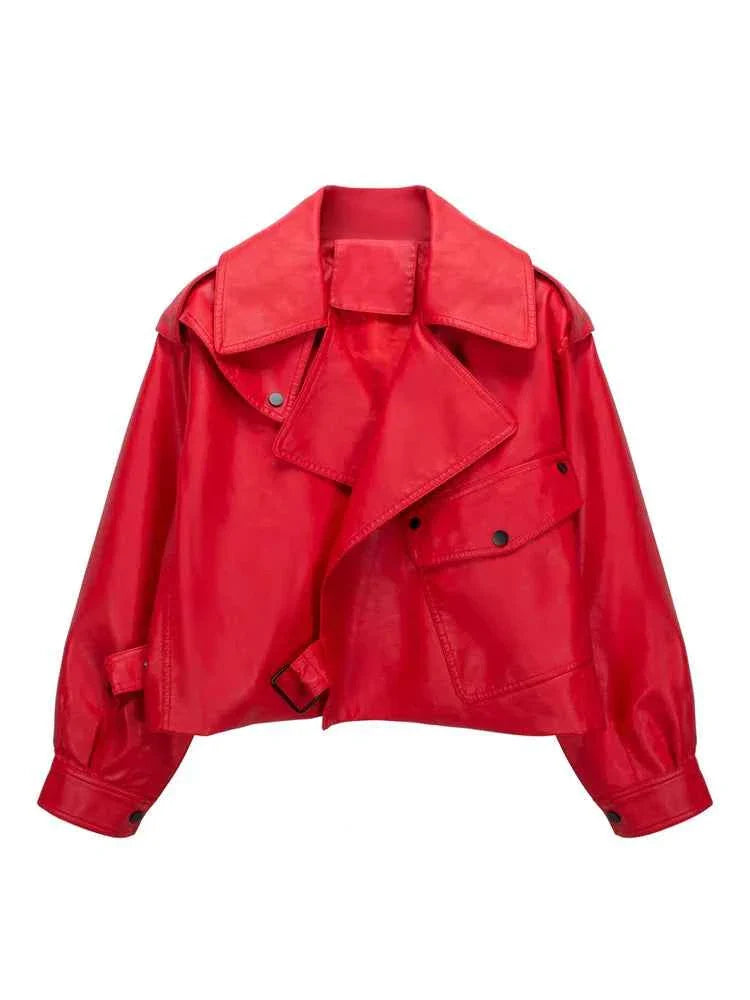 High Street Women Lapel Loose Pu Faux Leather Short Jacket