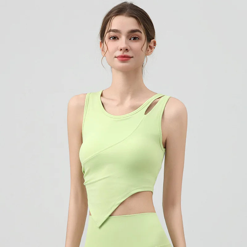 High Strength Women Yoga Irregular Lower Hem Shoulder Hollow Out Tank Top - green / M