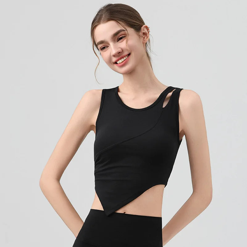 High Strength Women Yoga Irregular Lower Hem Shoulder Hollow Out Tank Top - black / XL