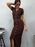 High Waist Knitted Dress For Women - Coffee- no belt / S