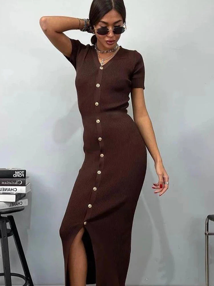 High Waist Knitted Dress For Women - Coffee- no belt / S