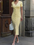 High Waist Knitted Dress For Women - Yellw- no belt / L