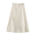 High Waist Pure Color With Belt A- Line Faux Leather Midi Skirt - Picture / L - Other