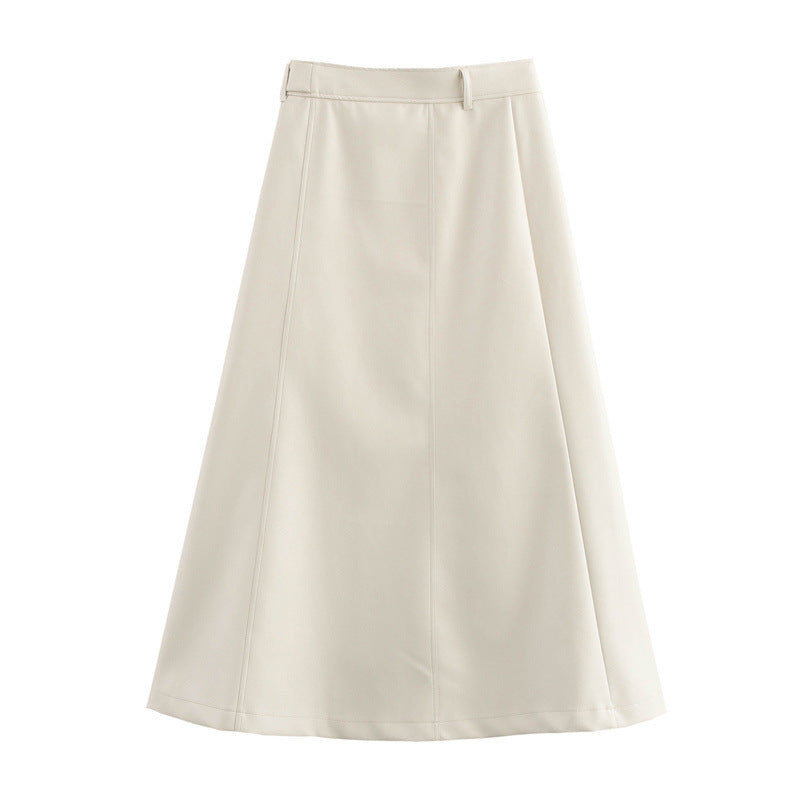High Waist Pure Color With Belt A- Line Faux Leather Midi Skirt - Other