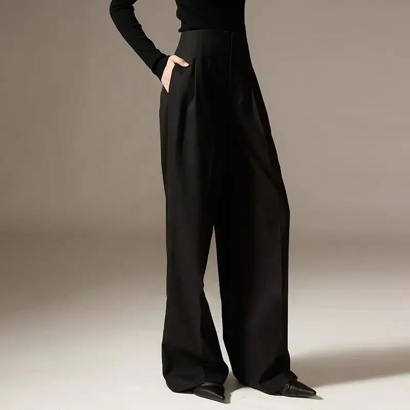 High Waist Wide Leg Pants Draping Effect Tight Long - Black / S