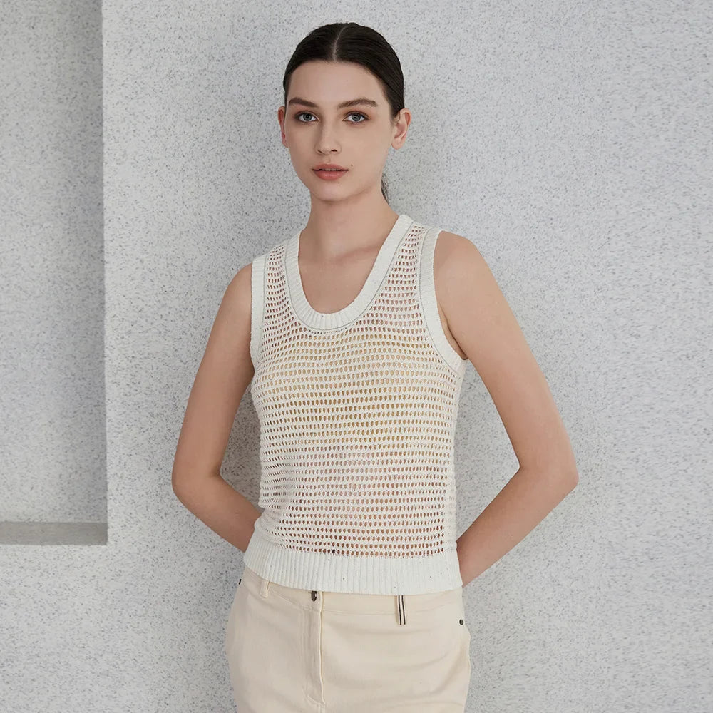 Hollow Linen Knitted Tank Top - Rice white / M / CHINA