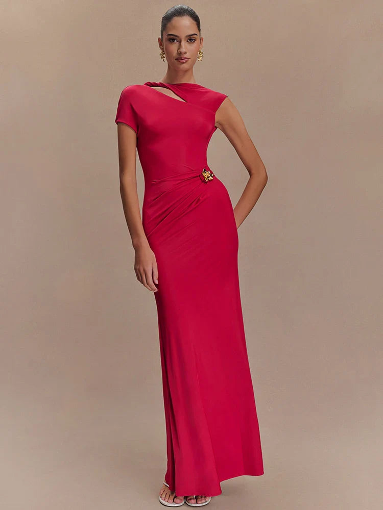 Hollow Out Gold Clasp Maxi Dress For Women - Rose Red / L