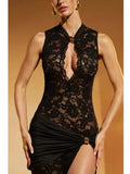 Hollow Out High Slit Lace Women Maxi Dress Black See - Other
