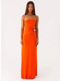Hollow Out Off-shoulder Maxi Dress Women Fashion Metal Flower Strapless Sleeveless Backless - Orange / S