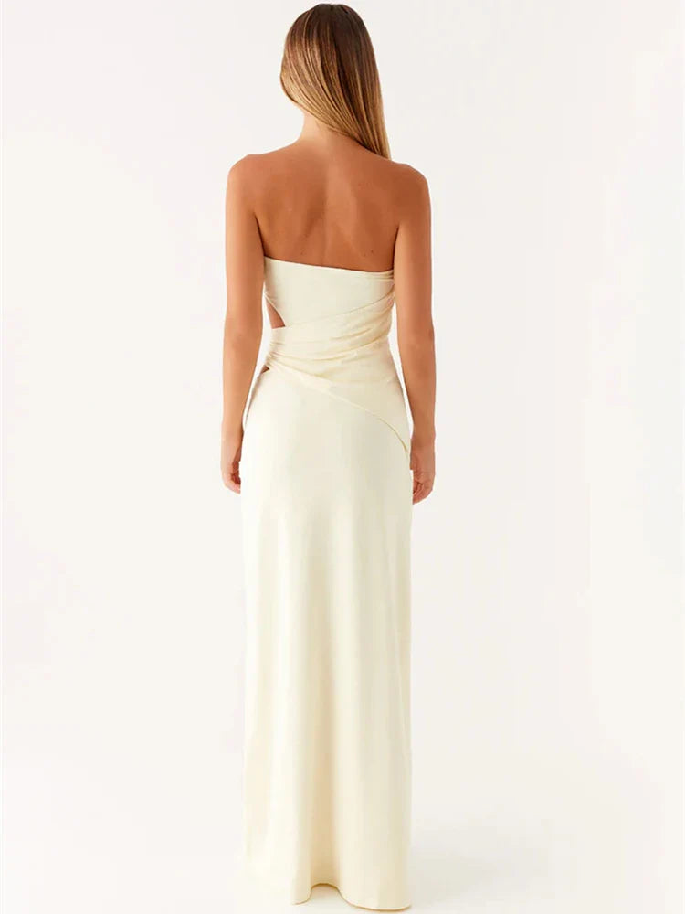 Hollow Out Off-shoulder Maxi Dress Women Fashion Metal Flower Strapless Sleeveless Backless