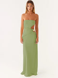 Hollow Out Off-shoulder Maxi Dress Women Fashion Metal Flower Strapless Sleeveless Backless - green / S