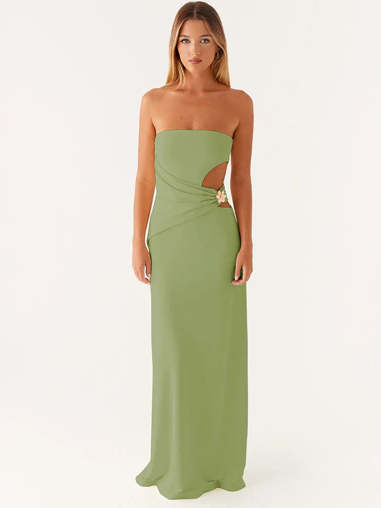 Hollow Out Off-shoulder Maxi Dress Women Fashion Metal Flower Strapless Sleeveless Backless - green / S