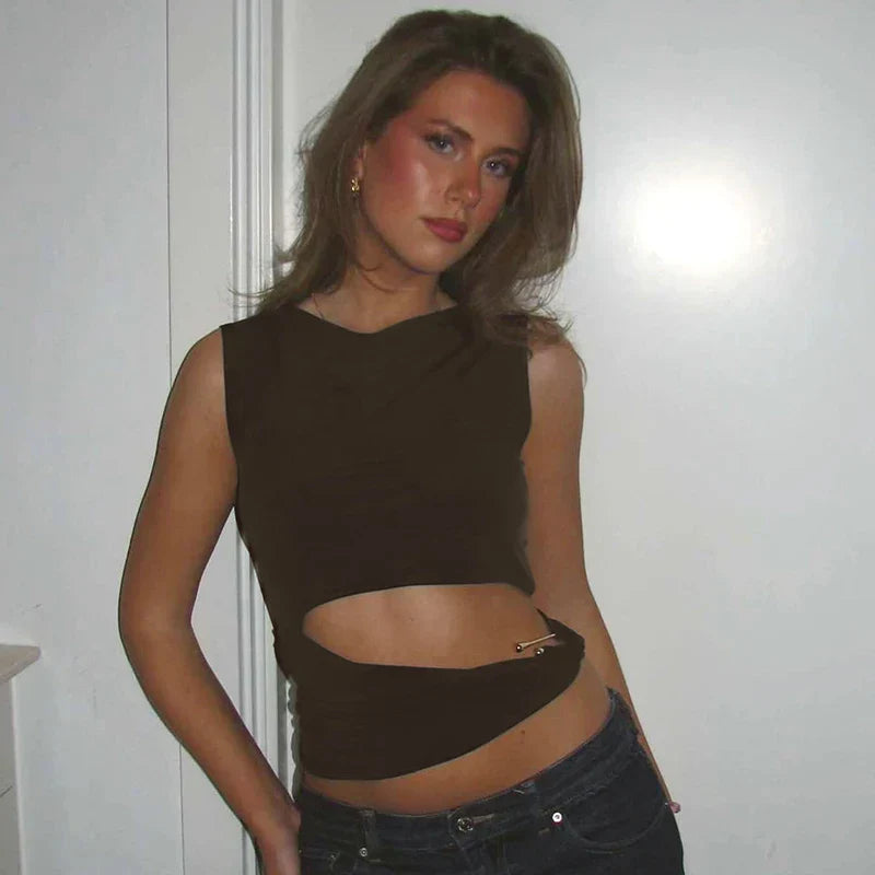 Hollow Out Tank Top - Brown / S