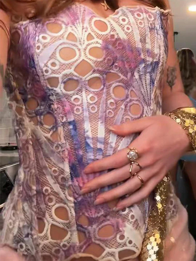 Hollow Out Women Sleeveless Backless Bandage Pleated Top