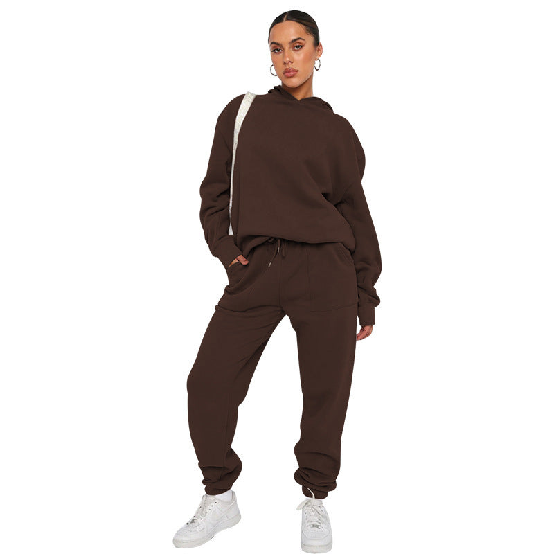 Hooded Long Sleeve Sweater Women’s Clothing Fashion Casual Trousers Suit - Brown / L - Other