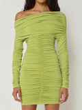 Inclined Shoulder Long Sleeve Mini Dress For Women
