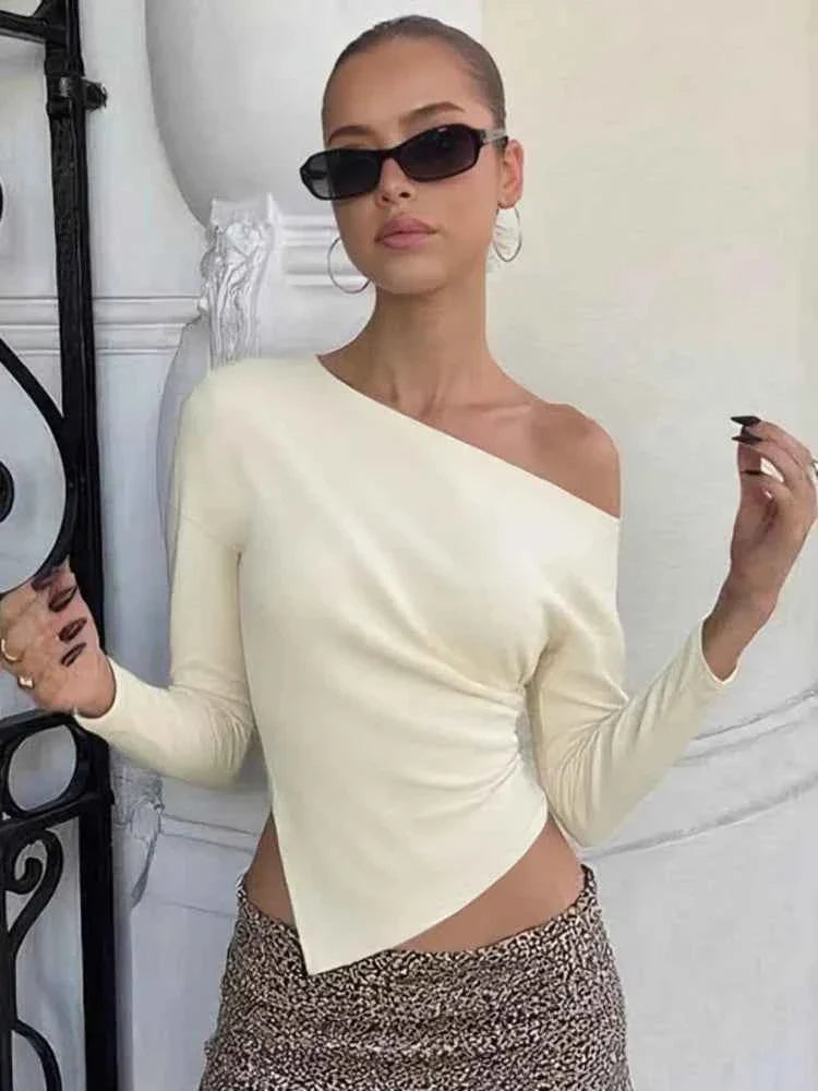 Inclined Shoulder Long Sleeve T-shirt Women