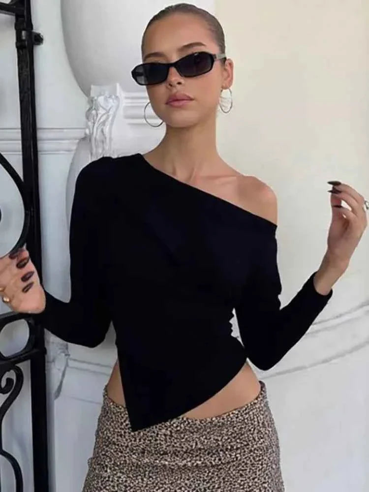 Inclined Shoulder Long Sleeve T-shirt Women