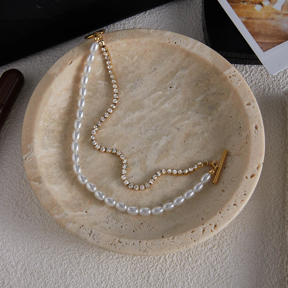 Inlay Zircon Double Layer Pearl Bracelet Waterproof Stainless Steel - JDB0307023