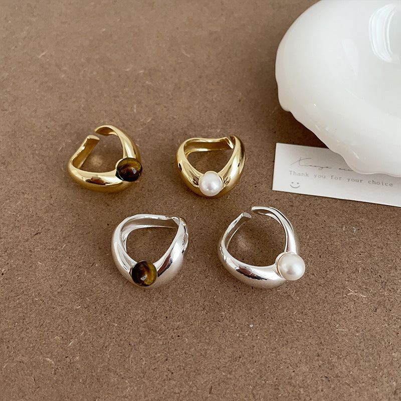Irregular Metal Pearl Tigereye Open Ring For Women - electronic accessories