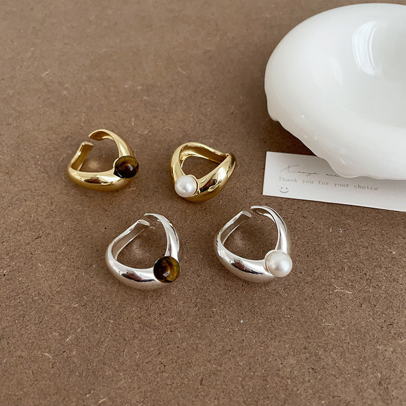 Irregular Metal Pearl Tigereye Open Ring For Women - electronic accessories