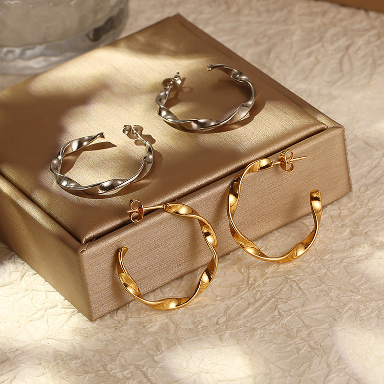 Irregular Twisted C- Shaped Stainless Steel Earrings For Women