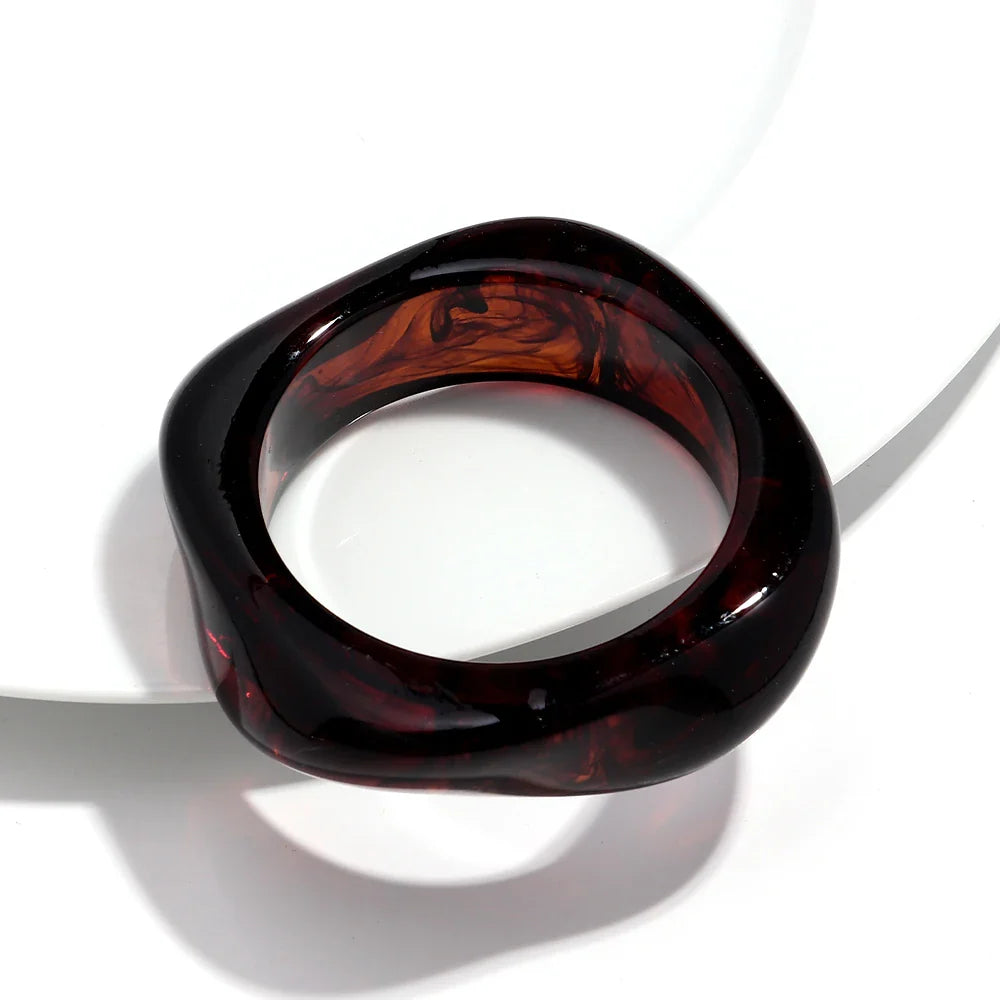 Jelly Color Big Irregular Square Acrylic Wide Bangle - Deep brown