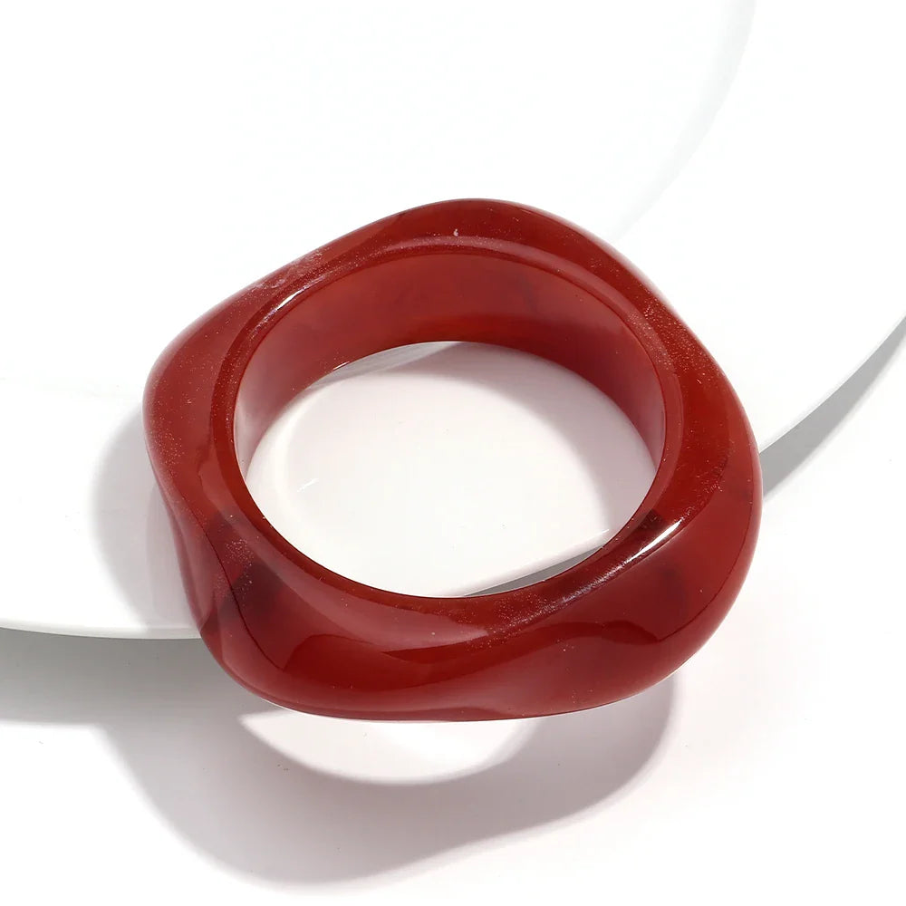 Jelly Color Big Irregular Square Acrylic Wide Bangle - marble red