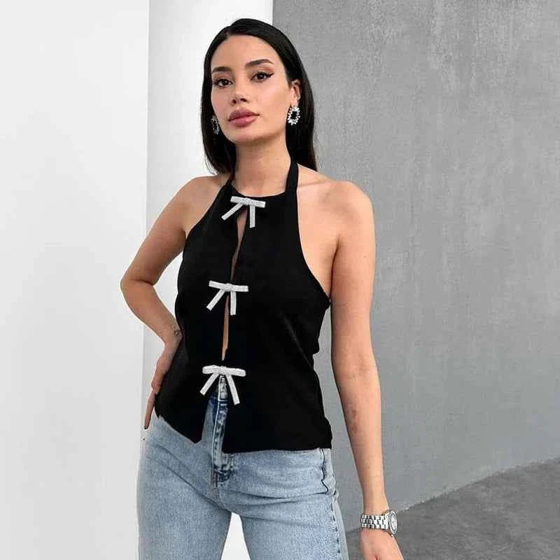 Jewelry Bow Cut Out Lace Up Crop Top