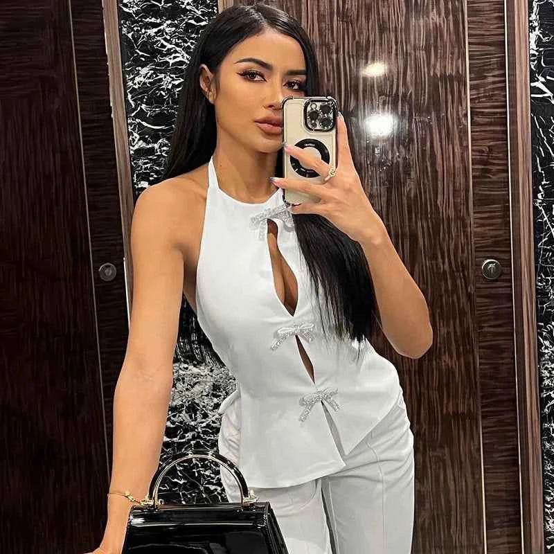 Jewelry Bow Cut Out Lace Up Crop Top