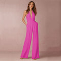 Jumpsuits Women Deep V-neck Sleeveless Halter Neck Backless - Rose Red / XXL