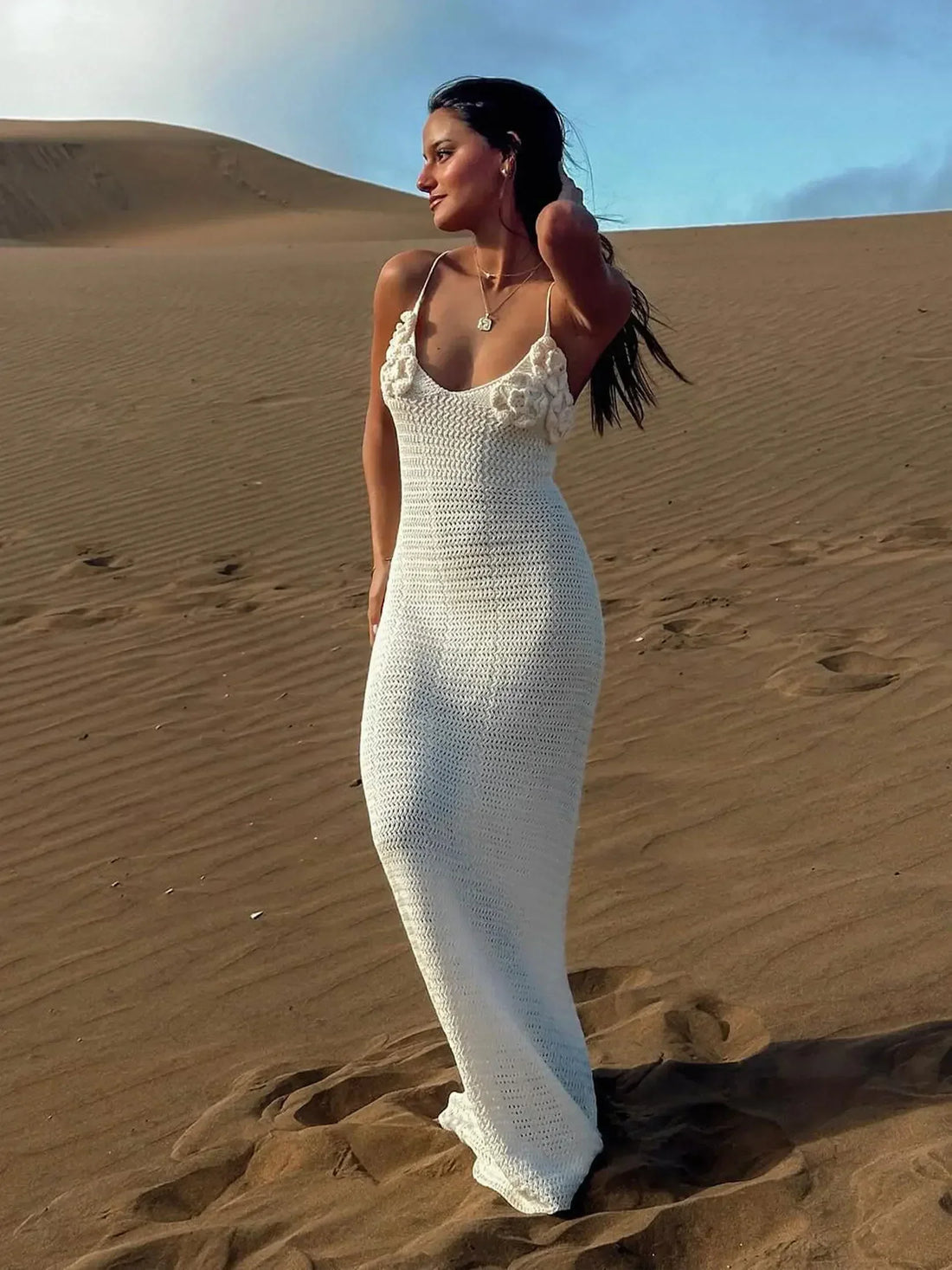 Knit Cut Out Spaghetti Strap Flower V Neck Beach Maxi Dress