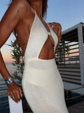 Knit Halter V Neck Slit Beach Maxi Dress For Women