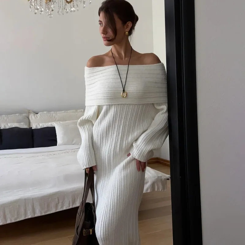 Knit Long Dress One Shoulder Sleeve