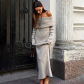 Knit Long Dress One Shoulder Sleeve - Khaki / L