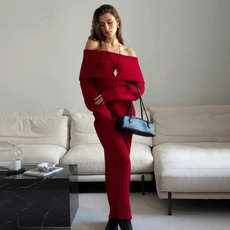 Knit Long Dress One Shoulder Sleeve - Red / L