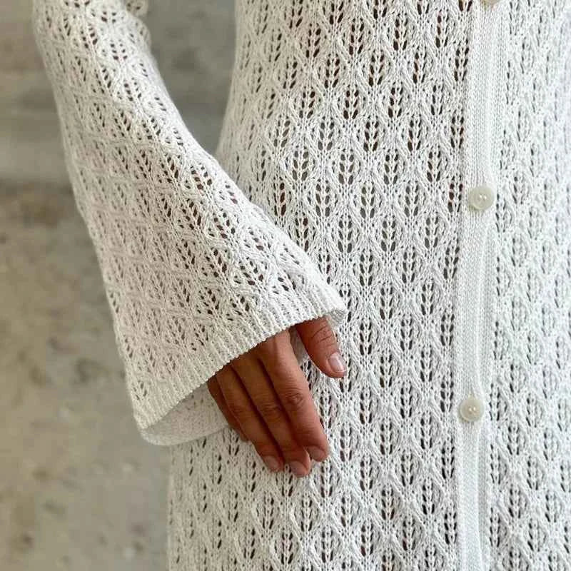 Knit Long Dress Solid Hollow Single Breasted Cardigan Dress