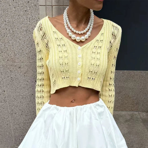 Knit Long Sleeve Cardigan For Women V Neck Solid - L / Yellow - Other