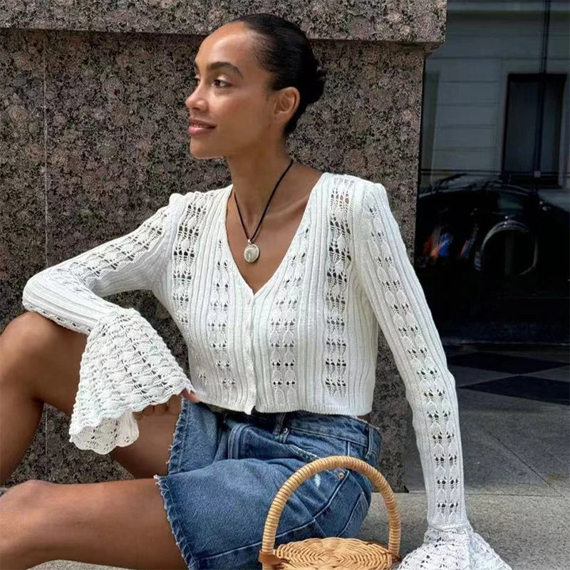 Knit Long Sleeve Cardigan For Women V Neck Solid - Other