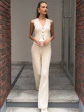 Knit Pant Sets Women V Neck Sleeveless Tank Tops High Waist Elegant - White / M