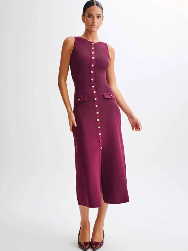 Knit Ribbed Cardigan Maxi Dress - Burgundy / M